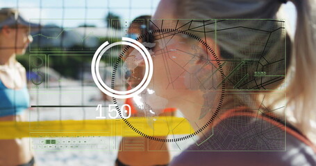 Training female athletes sprinting to volleyball net on beach court in sportswear, with AR overlay