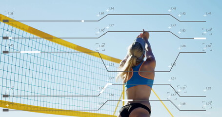 Leaping female athlete stretching arms overhead at beach court, with yellow-framed net and visor