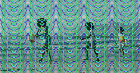 Standing family trio on wooden floor in gallery, showing neon geometric pattern on draped backdrop