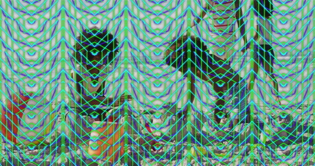 Posing family group standing inside home in front of white blinds, under green purple grid overlay