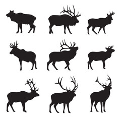 vector illustration of bull elk silhouette set, Black & White silhouette set