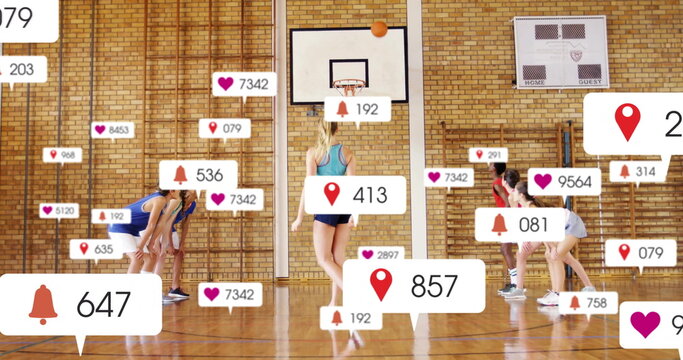 Dribbling white teenage girl maneuvering basketball on school gym court, with digital overlays