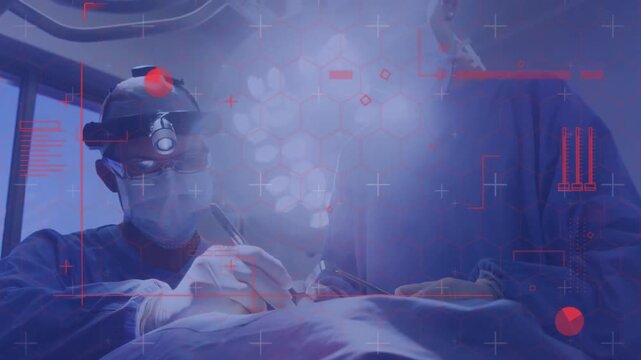 Surgeon adjusting headlamp, incising, cauterizing bleeding, assistant suctioning, suturing wound