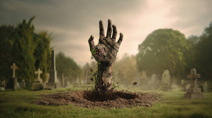 A zombie hand breaking out from the ground in a graveyard