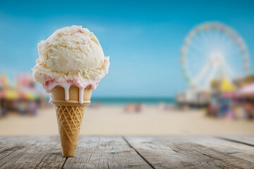 Melting strawberry ice cream cone on a rustic table at the beach with a blurry amusement park background