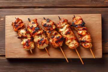 Top view of grilled chicken skewers on a wooden board