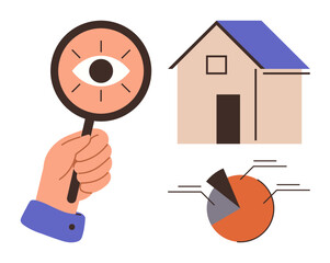 Hand holding magnifying glass with eye, house structure, and pie chart illustrating investigation, real estate, market analysis, property research, business, strategic planning, and data