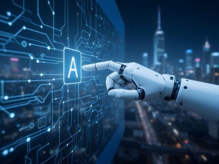 A robotic hand interacting with a digital interface against a city skyline at night time background