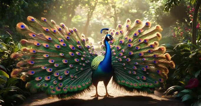 Vibrant peacock displaying feathers in lush garden (1)