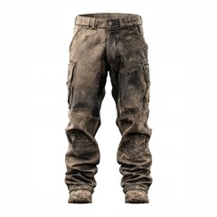Dirty, well-worn cargo pants, conveying a sense of durability and practicality. These pants are stained with mud, suggesting outdoor work.
