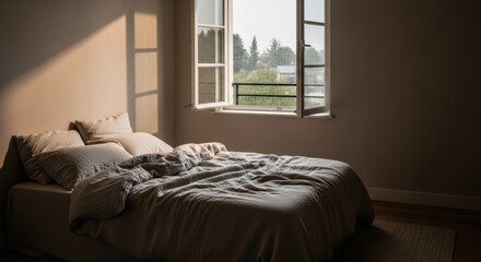 Fototapeta premium Bedroom Interior with Bed and Open Window on Rainy Day