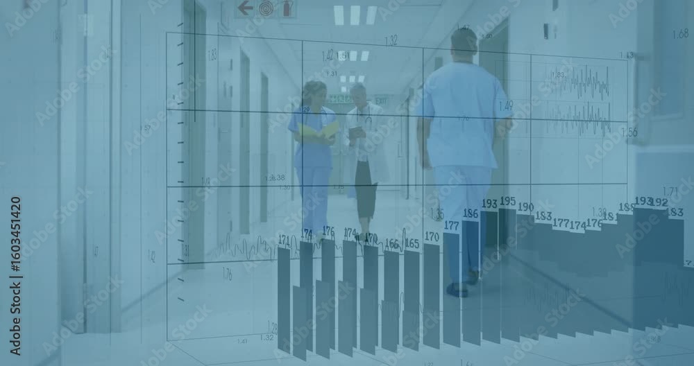 Poster nnurse reading hospital chart and doctor tapping while graphs filling visualizing patient data