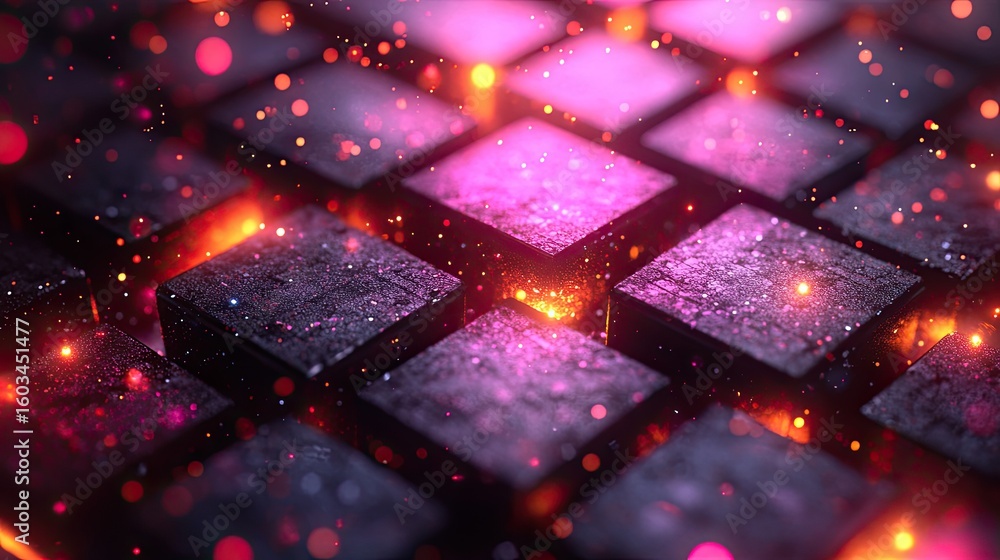 Poster mystical matrix of dark cubes with glowing light and bokeh backgrounds abstract concept