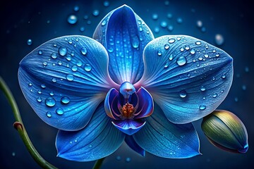Blue orchid with water droplets on petals