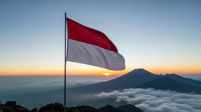 Indonesian flag waves atop a mountain at sunrise, celebrating independence