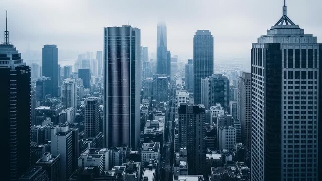 Highangle view of dense highrise buildings under moody cloudy atmosphere.