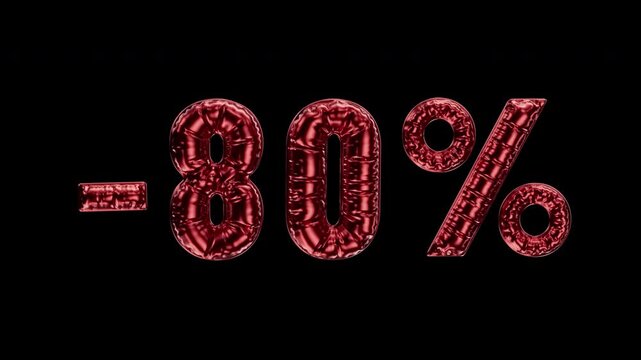 "-80%" letters from glossy, crinkled waving mylar balloons. Text for promotions, online sales. Typography for advertising and festive discounts. Transparency embedded. Loop