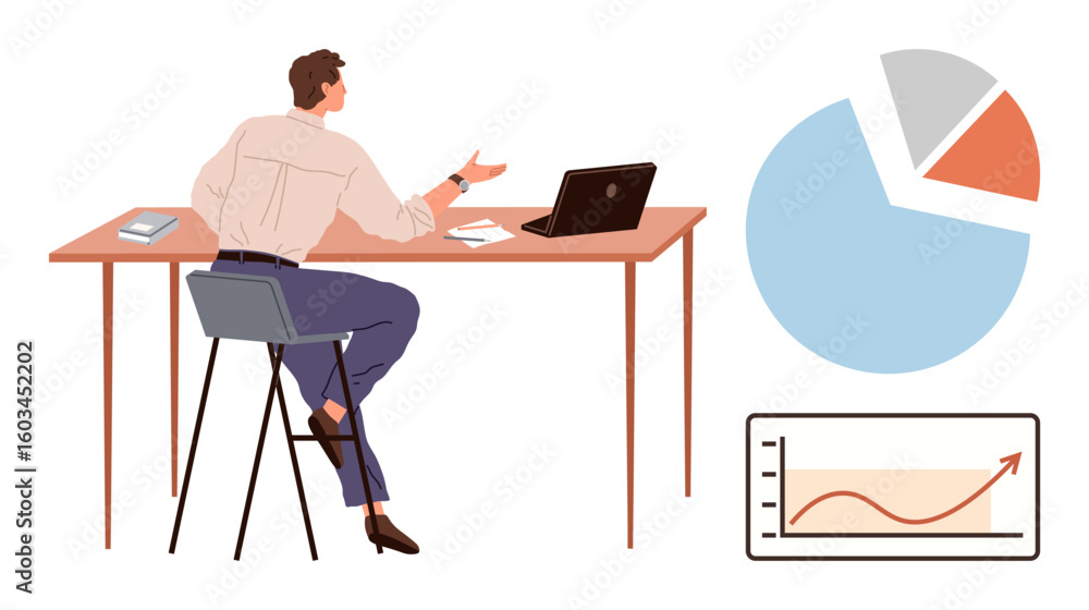 Poster worker seated at desk, gesturing while examining laptop data. accompanied by pie chart and rising tr