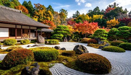 Fototapeta premium Autumn Zen garden with traditional Japanese house