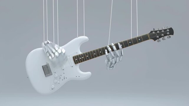 Cyber puppet musician concept, Mechanical hands holding a electric guitar
