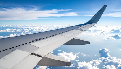 Fototapeta premium Airplane wing soaring above clouds (1)