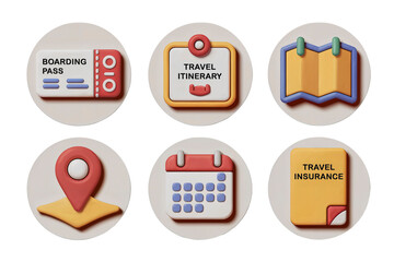 Colorful Bundle Travel Icons Depicting Documents, Maps, and Itinerary Elements