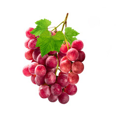 Bunch of red grapes with leaves isolated on white background.