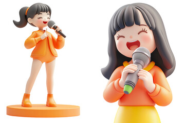 3D Set of Cartoon Woman Character Singing with Microphone and Joyful Expression
