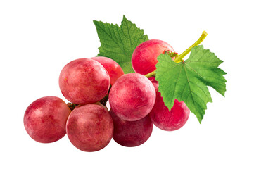 Bunch of ripe red grapes with leaves isolated on white background.