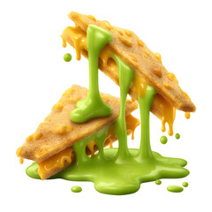 Delicious food concept showcasing triangular cookies covered in vibrant sauce explosion