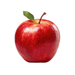 Red apple, whole, isolated on black.  A glossy, vibrant red apple, with subtle, textured skin, is centered against a pure black background. A small green leaf is attached to the stem