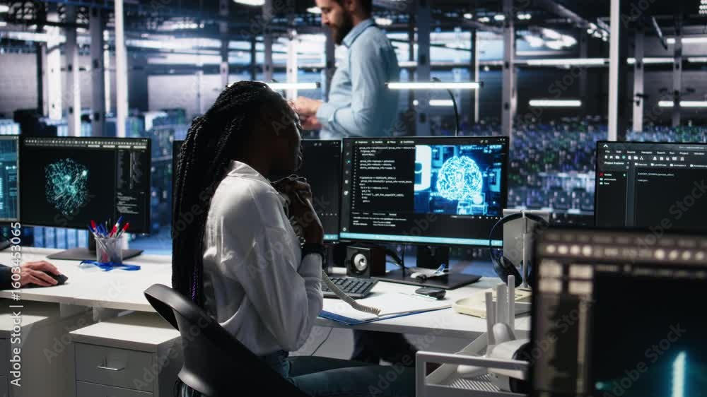 Poster female technician in data center answers telephone call, assisting users with ai troubleshooting. se