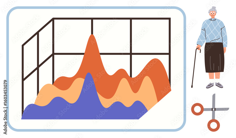 Poster elderly woman with cane near 3d graph representing data trends. scissors below hint at themes of hea