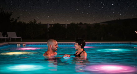 Romantic Couple Enjoys a Tranquil Night Swim Under a Starry Sky Illuminated by Underwater Pool Lights