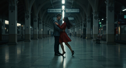 A Romantic Tango Dance Between a Couple in an Old Train Station at Night