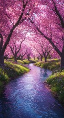 Fototapeta premium Pink blossom trees line a tranquil stream