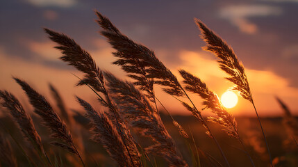 Golden Sunlight Illuminating Tall Grasses Swaying Gently in the Breeze at Sunset