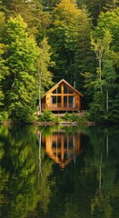 Obraz premium Rustic cabin reflects on still lake, lush forest backdrop