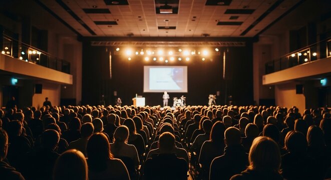 Silhouetted Audience in a Packed Auditorium During a Keynote Presentation.