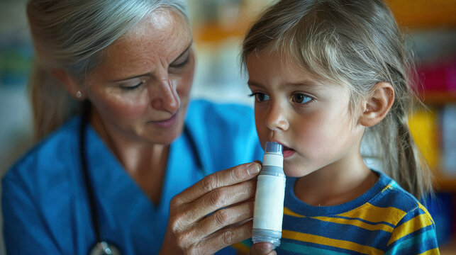 Young child learns use specially designed nasal inhaler support from friendly pediatrician in colorful and welcoming medical office environment
