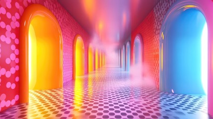 Fototapeta premium Surreal Corridors of Light: A Vibrant Journey Through Architectural Dreams and Hues