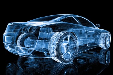 Naklejka premium Highly detailed futuristic blue wireframe digital rende of a sports car showcasing advanced automotive technology and aerodynamic design features