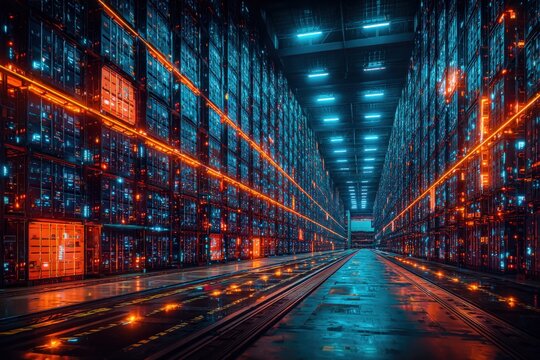 Modern high-tech fully automated warehouse with extensive inventory storage racks illuminated with vibrant blue and orange LED lighting