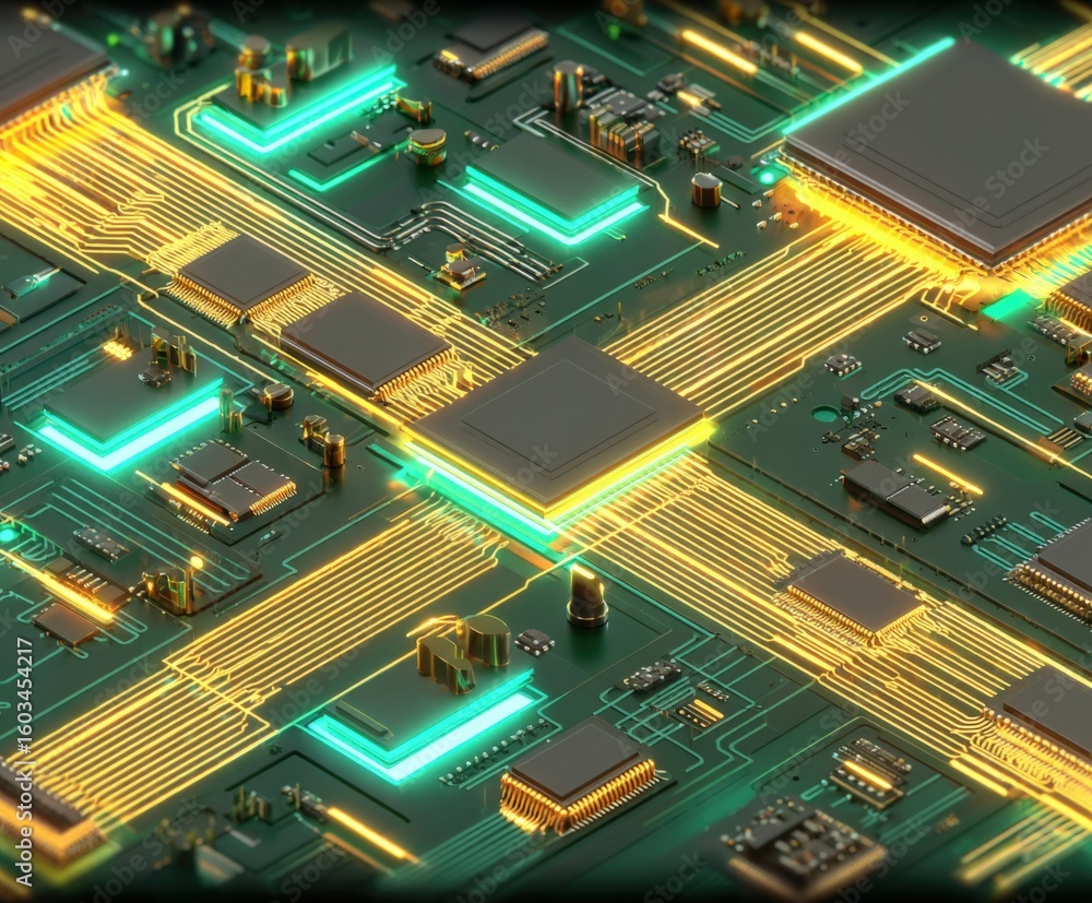 Poster close-up of modern electronic circuit board with illuminated microchips and intricate wi for compute