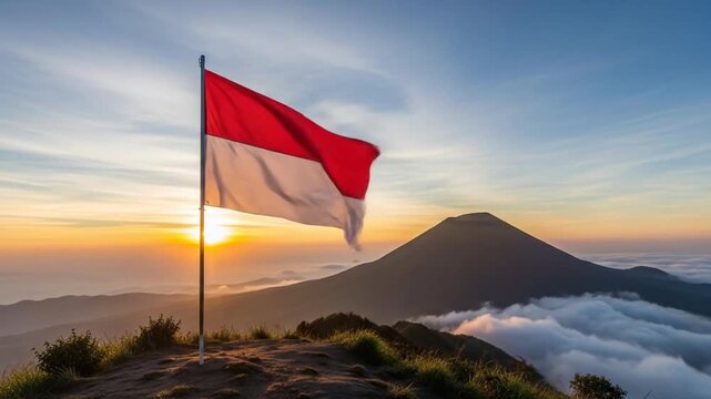 Indonesian Flag Waving on Mountain Peak at Sunrise with Cloudy Landscape