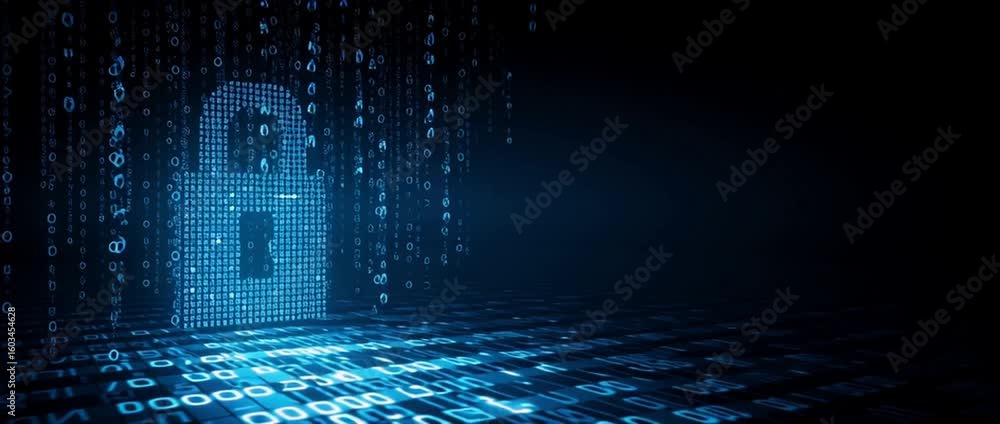 Poster abstract background with a blue padlock symbol and digital code on a dark background web banner for 