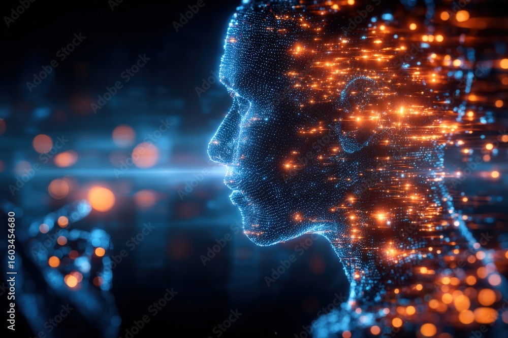 Poster highly detailed futuristic digital human face profile made of glowing data points representing artif
