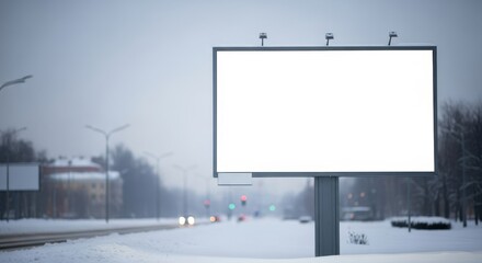 Fototapeta premium Billboard in snowy cityscape during winter season
