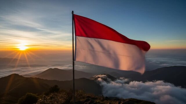 Indonesian Flag Waving Proudly on Mountain Peak at Sunrise - Scenic View
