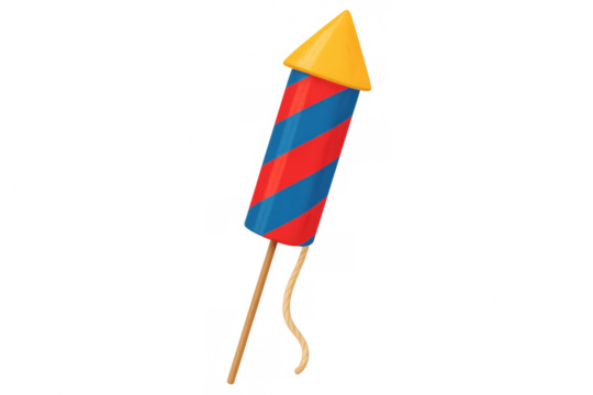 Cartoon firework rocket with vibrant red-blue striping, yellow-tipped, launching against transparent backdrop